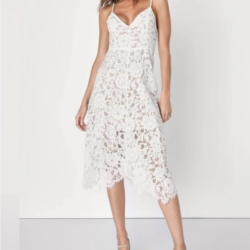 Lulu’s Elegant White Lace Midi Dress- Like New